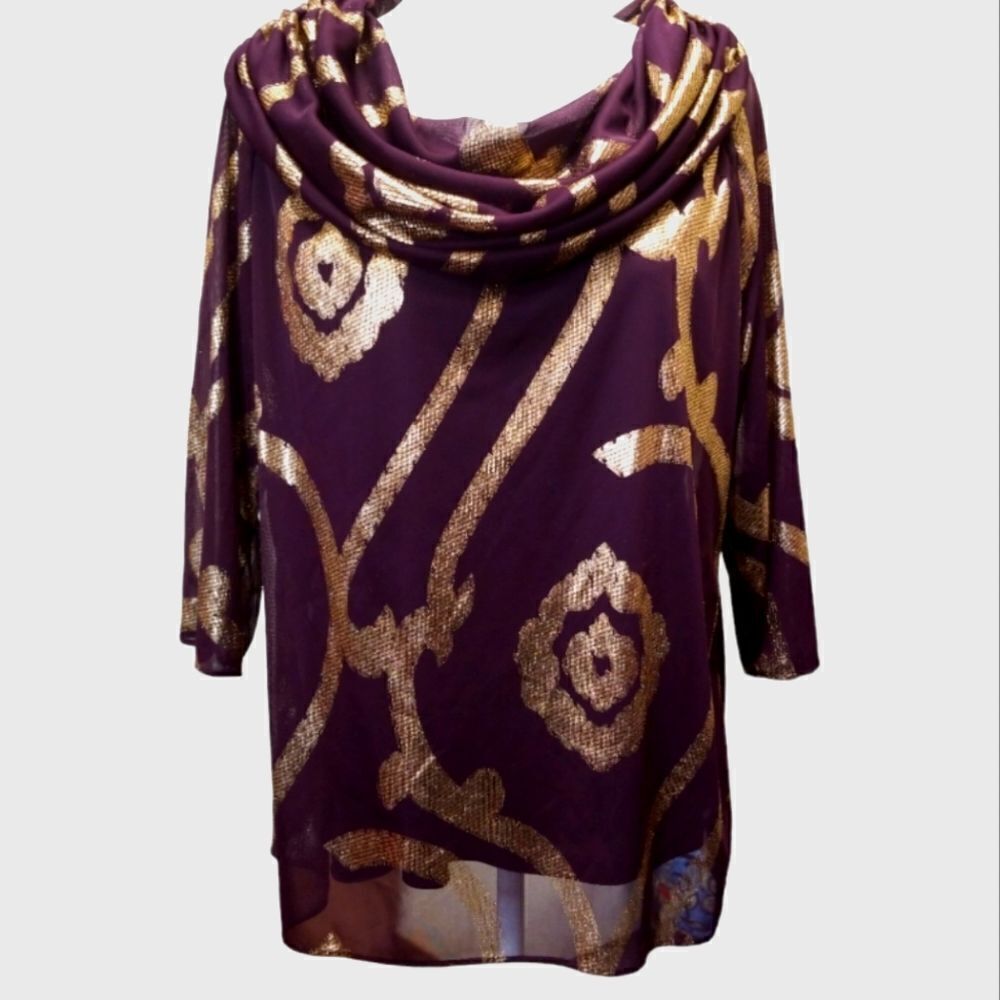 MSK Women Cowl Neck 3/4 Sleeves Purple With Gold Blouse 1X